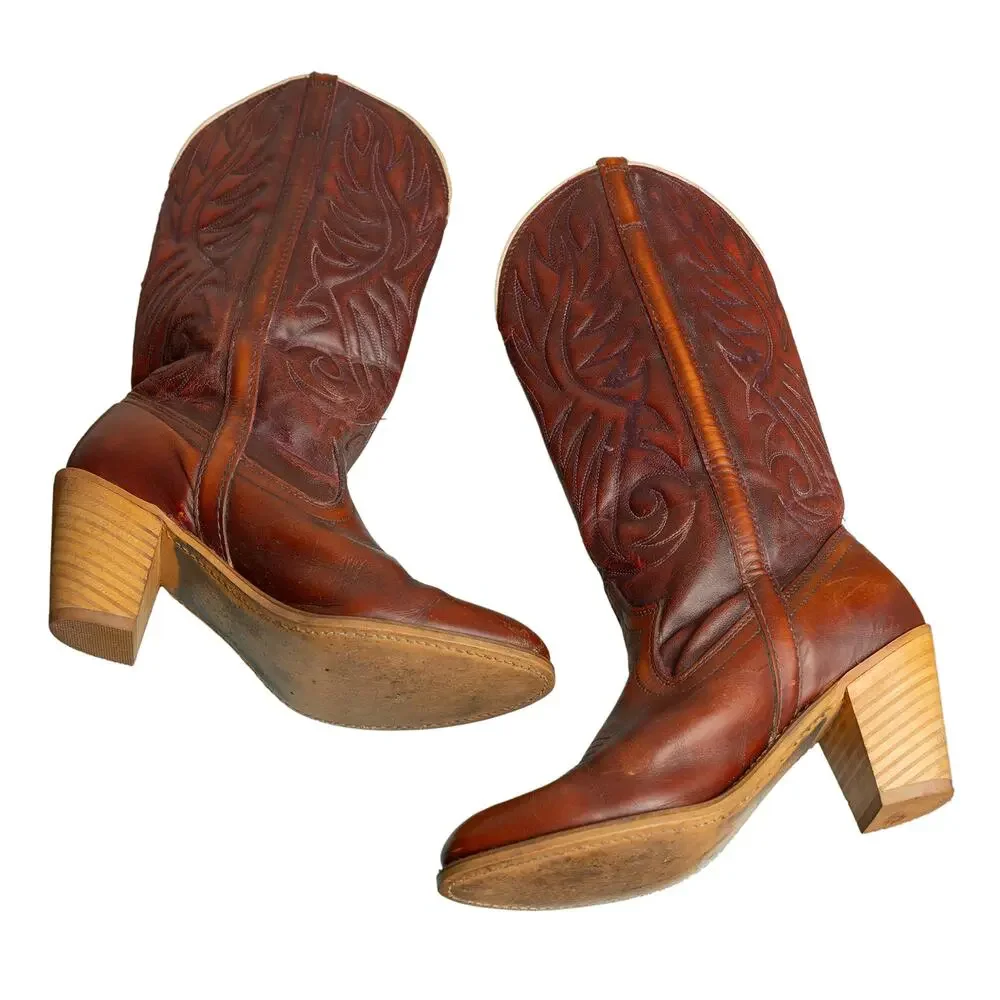 Women's Vintage 80s Dingo Stitched Cowboy Boots With Wooden Heels - Sz 8 - Picture 5 of 13